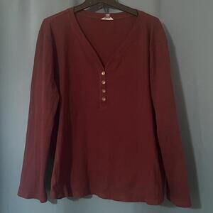 Eddie Bauer - Women's XXL Shirt - V-Neck Waffle Knit Henley Burgundy Long Sleeve